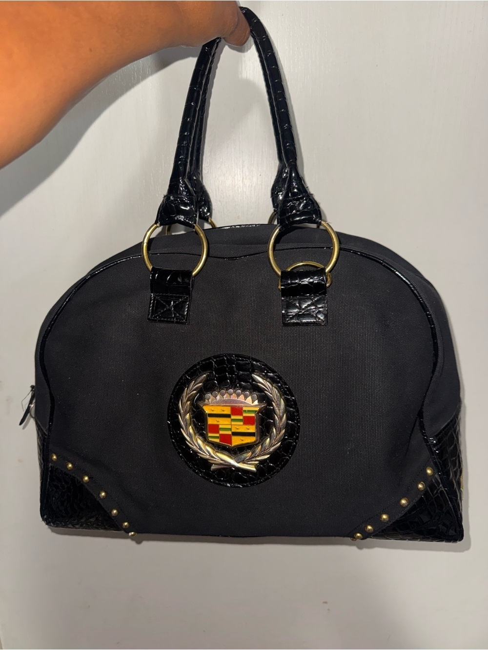 Ashley Mason Black Satchel with Gold Crest Emblem